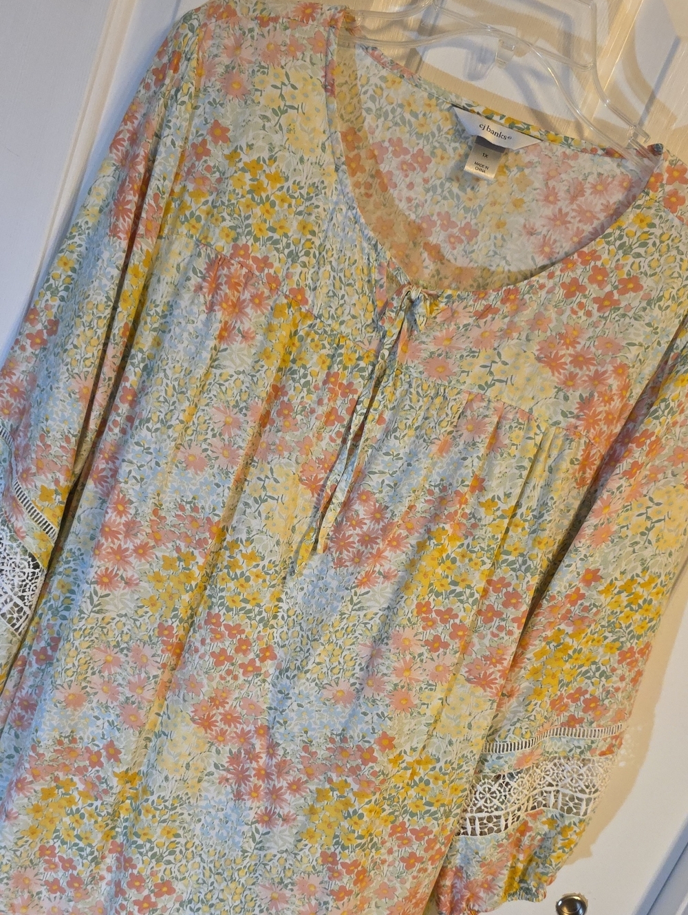 CJ Banks Pastel Floral Peasant Tunic - Yellow, Pink, Blue